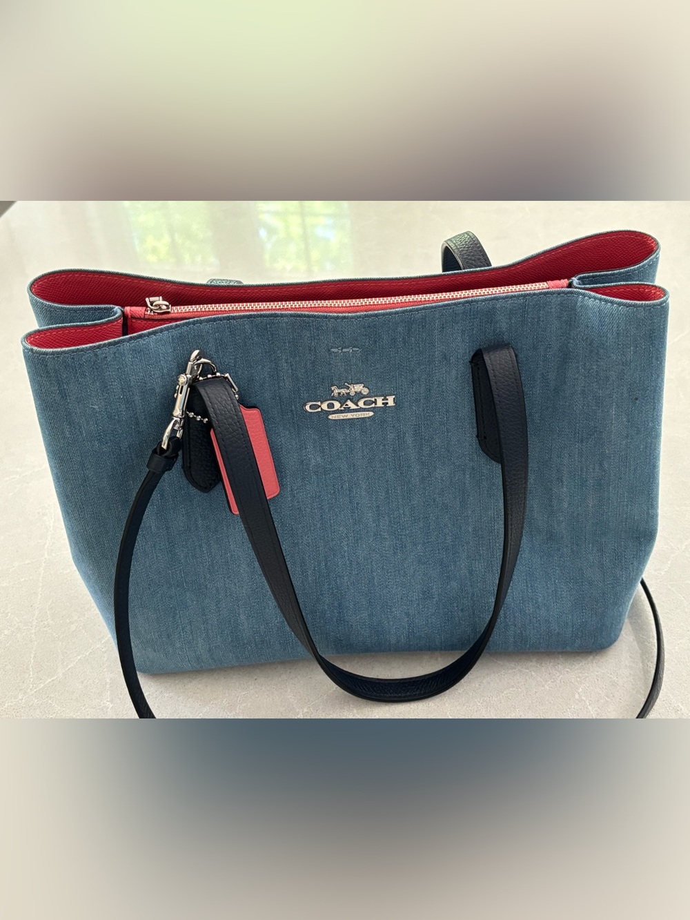 COACH Avenue Carryall Denim Leather Tote Shoulder Bag Flawed Blue Coral Inner